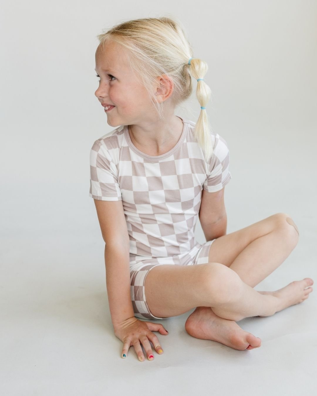 Bamboo Two Piece Shorts Set | Latte Checkered - Two - piece set - LUCKY PANDA KIDS