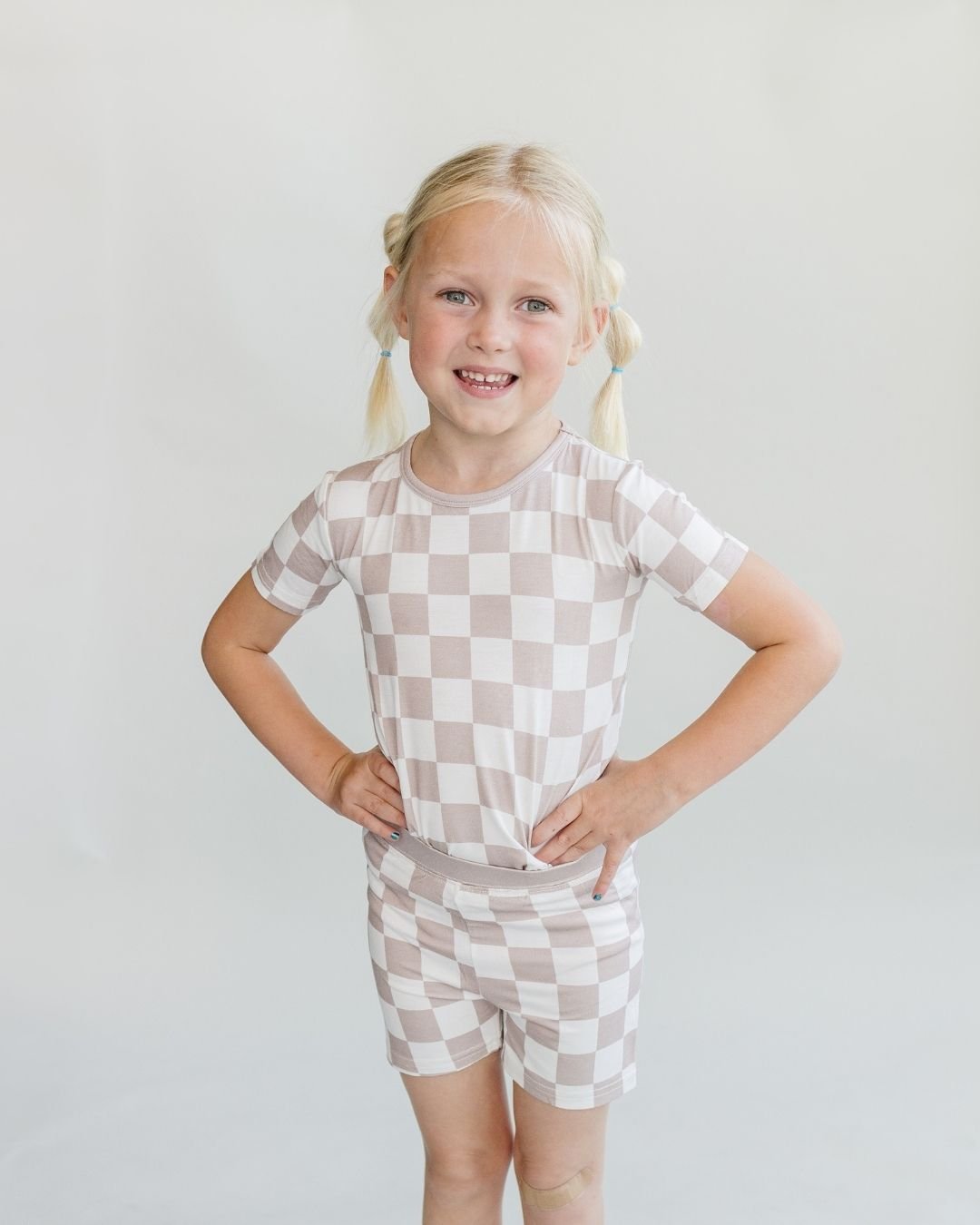 Bamboo Two Piece Shorts Set | Latte Checkered - Two - piece set - LUCKY PANDA KIDS