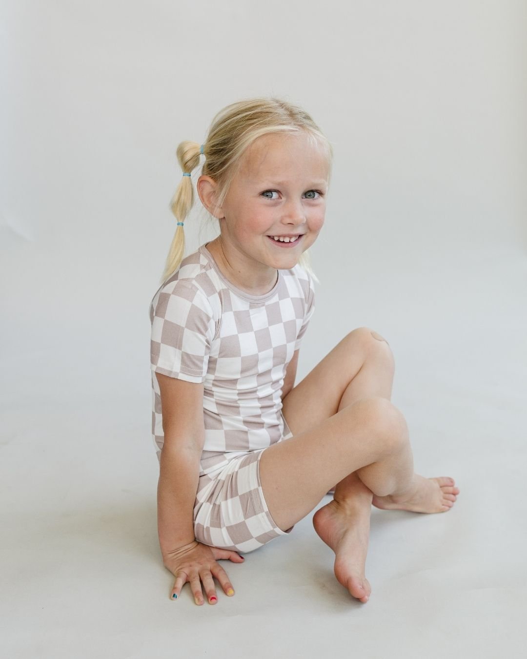 Bamboo Two Piece Shorts Set | Latte Checkered - Two - piece set - LUCKY PANDA KIDS