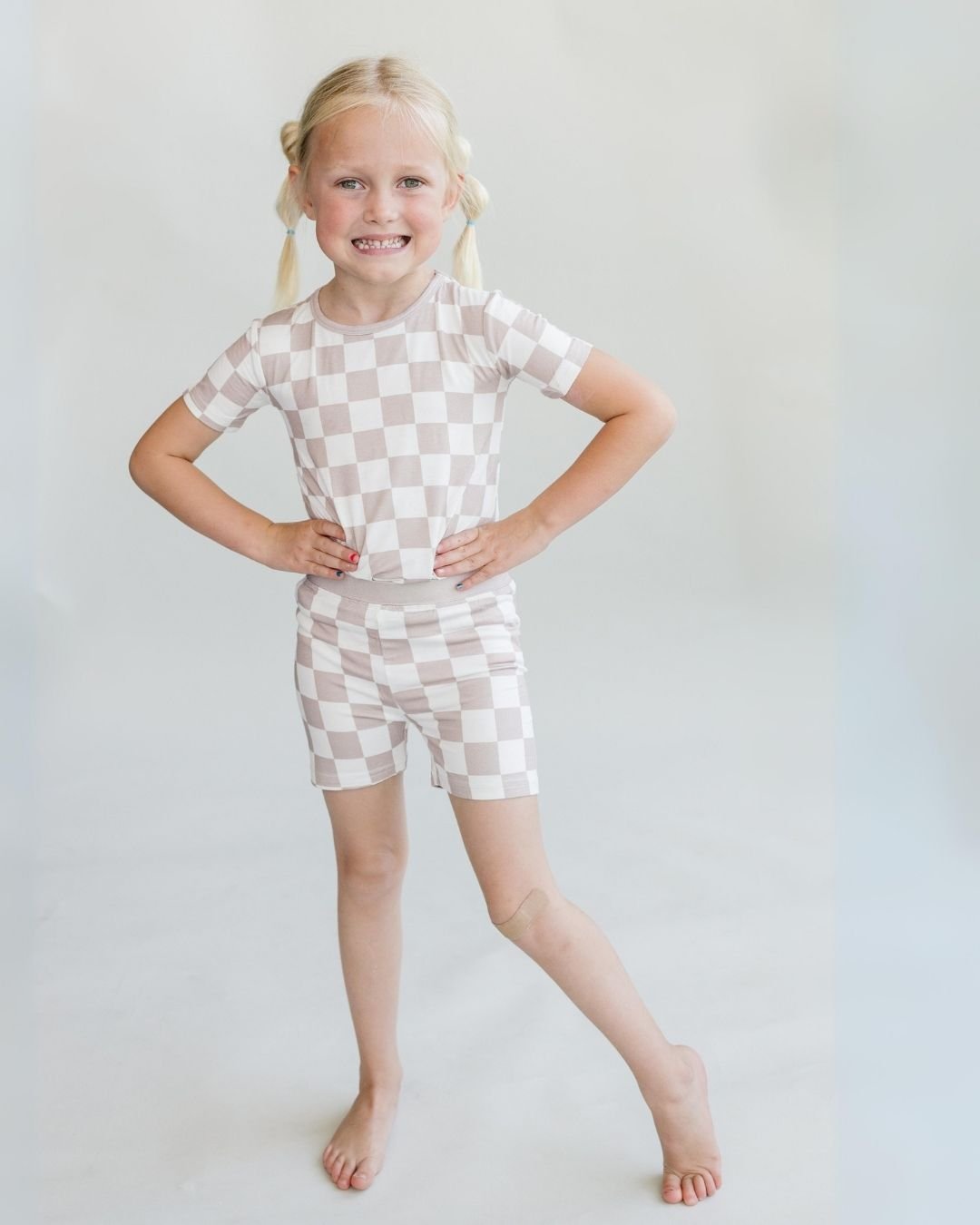 Bamboo Two Piece Shorts Set | Latte Checkered - Two - piece set - LUCKY PANDA KIDS