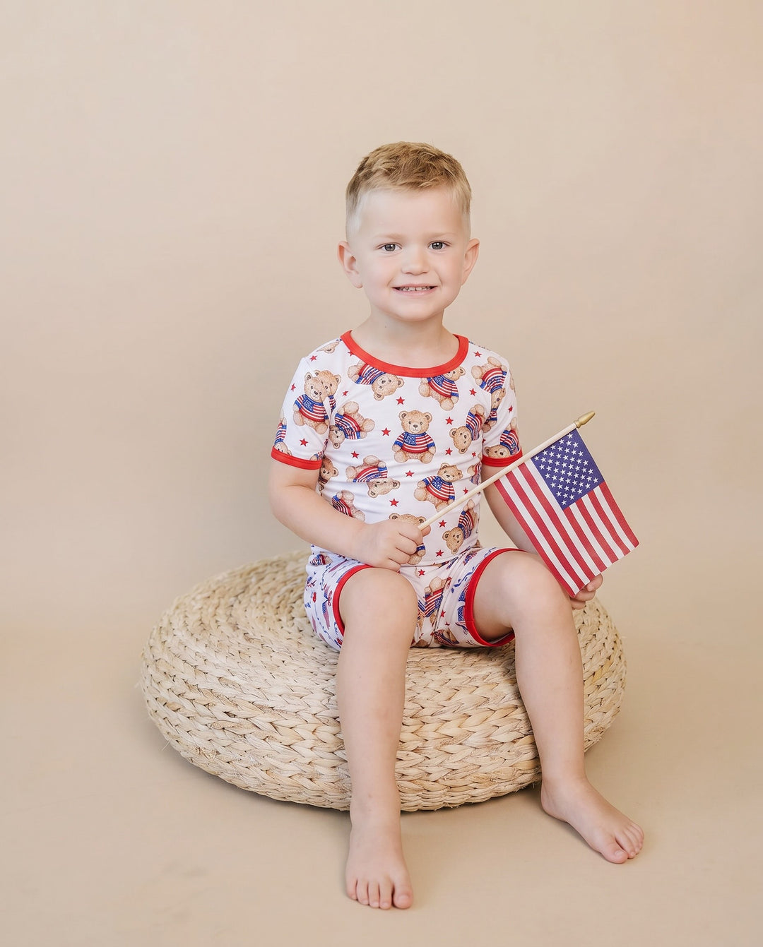 Toddler boy wearing Lucky Panda Kids Bamboo Shorts Set American Bear — patriotic 4th of July two-piece outfit