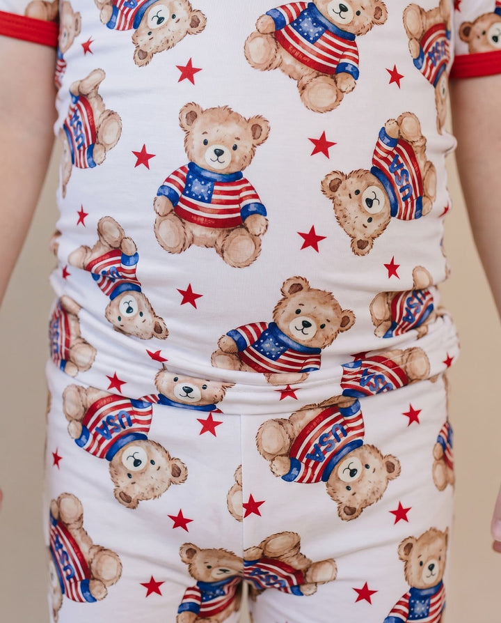 Lucky Panda Kids Bamboo Shorts Set American Bear flat lay — Independence Day toddler boy outfit