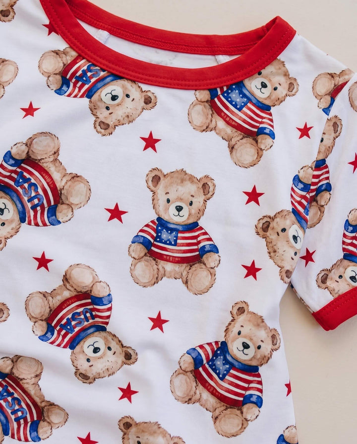 Close-up of Lucky Panda Kids American Bear bamboo shorts set — buttery-soft 220 GSM bamboo, patriotic print