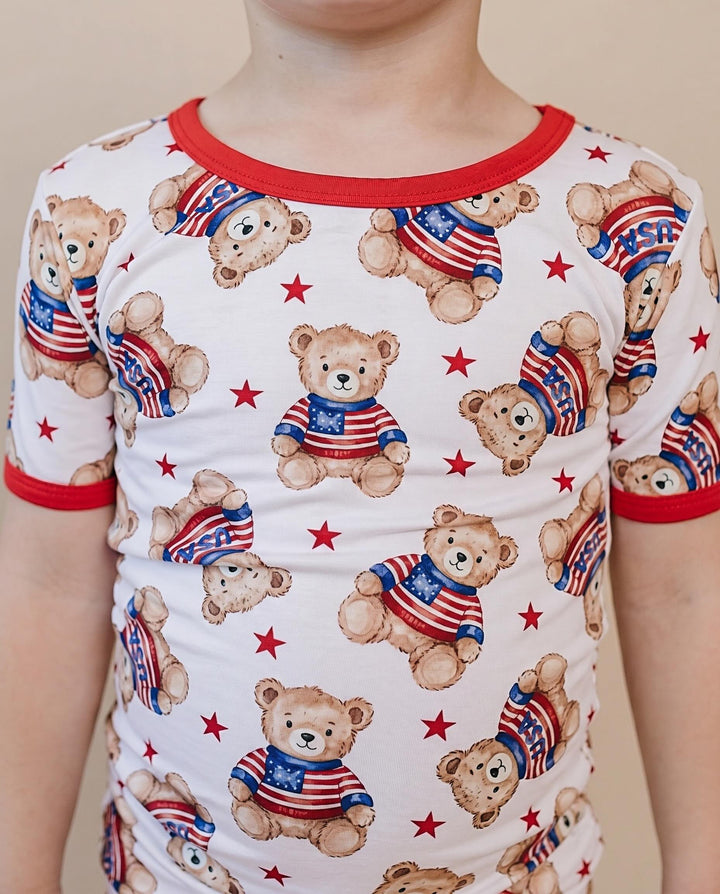 Close-up of Lucky Panda Kids American Bear bamboo shorts set — buttery-soft 220 GSM bamboo, patriotic print
