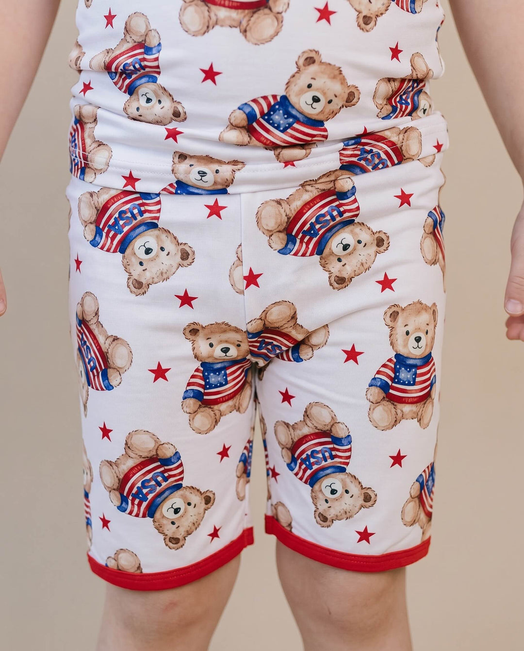 Close-up of Lucky Panda Kids American Bear bamboo shorts set — buttery-soft 220 GSM bamboo, patriotic print