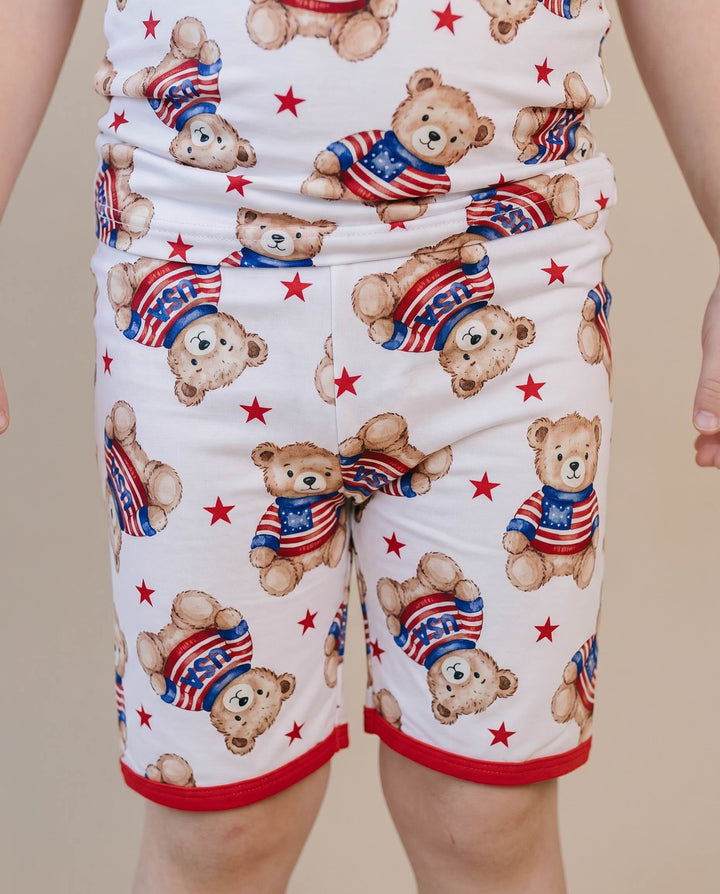 Close-up of Lucky Panda Kids American Bear bamboo shorts set — buttery-soft 220 GSM bamboo, patriotic print