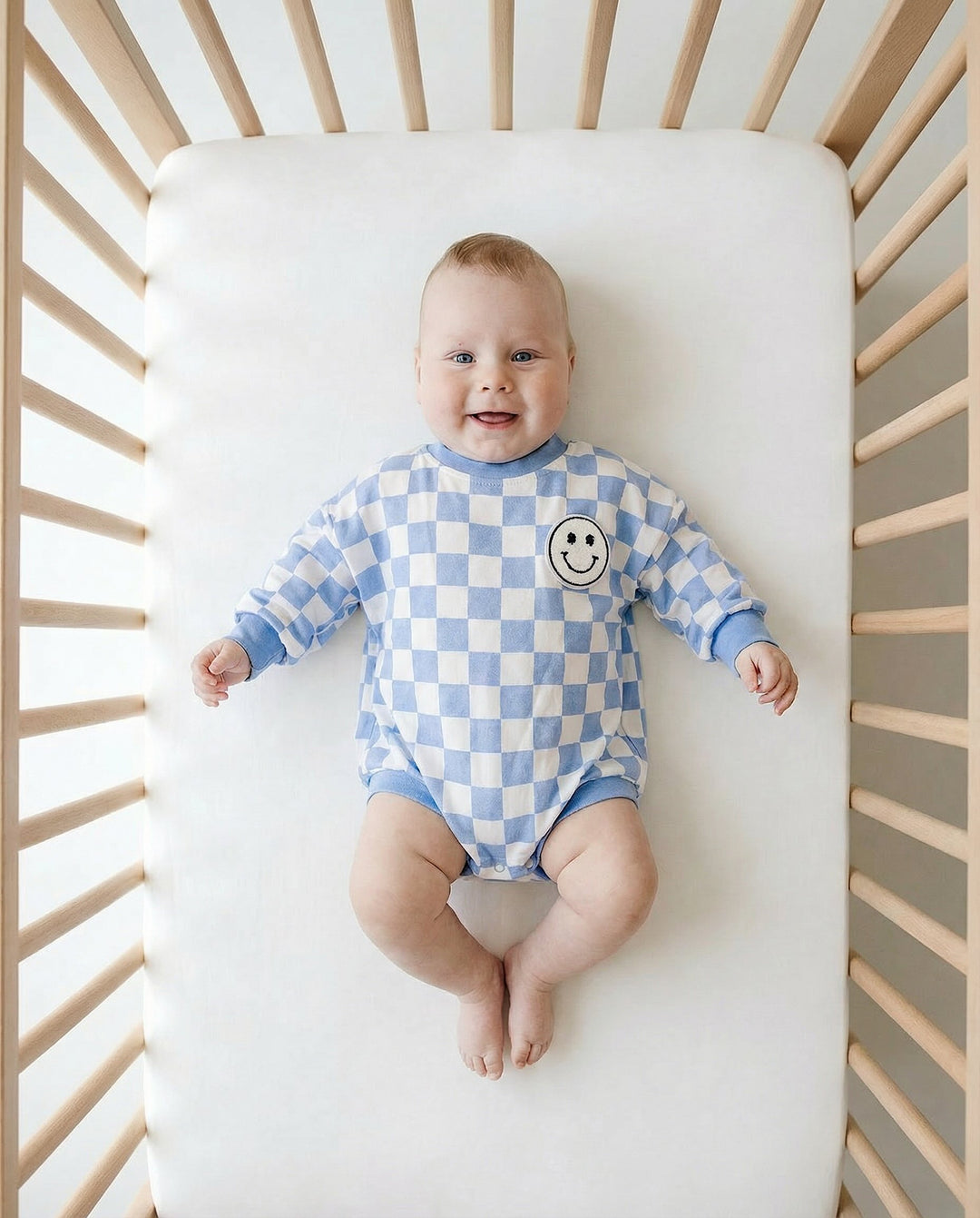Bubble Romper | Checkered Smiley Blue