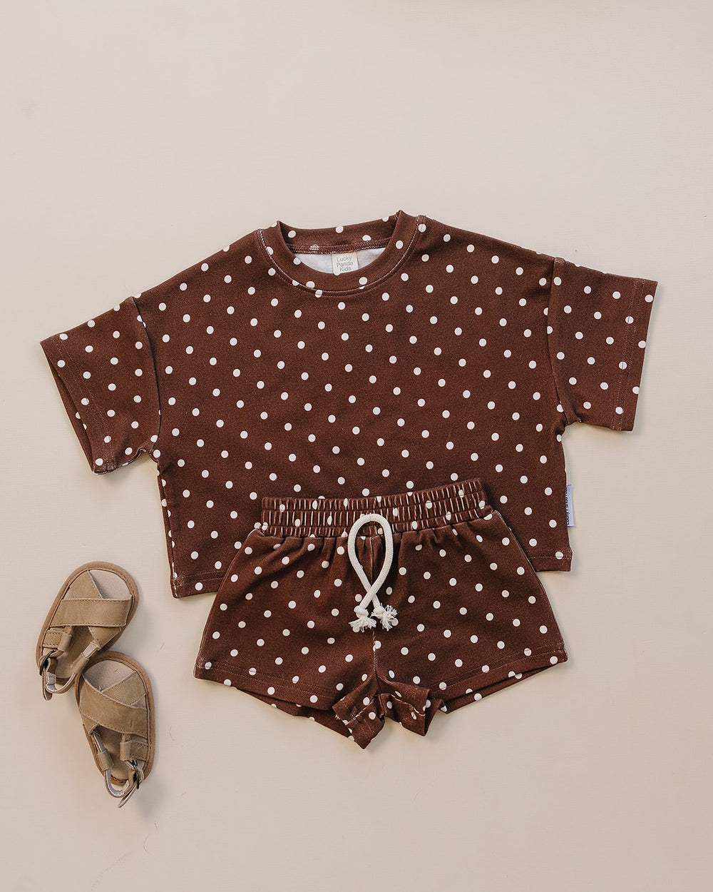  Lucky Panda Kids Brown Polka Shorts Set — brown and white polka dot cotton two-piece outfit
