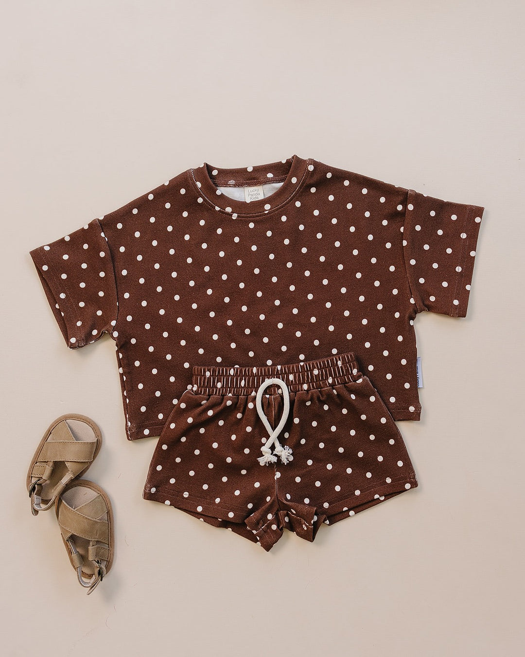 Lucky Panda Kids Brown Polka Shorts Set — brown and white polka dot cotton two-piece outfit