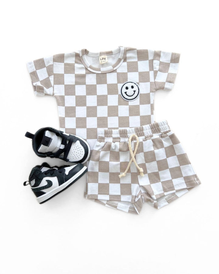 Checkered Shorts Set | Latte - Shorts Set - LUCKY PANDA KIDS