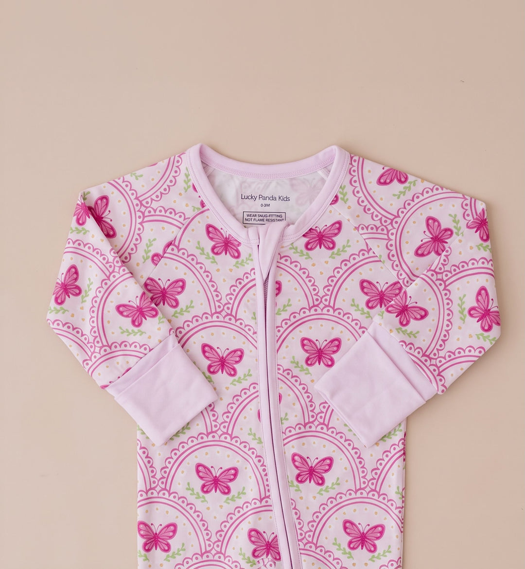 Bamboo Zip Romper | Pink Butterfly