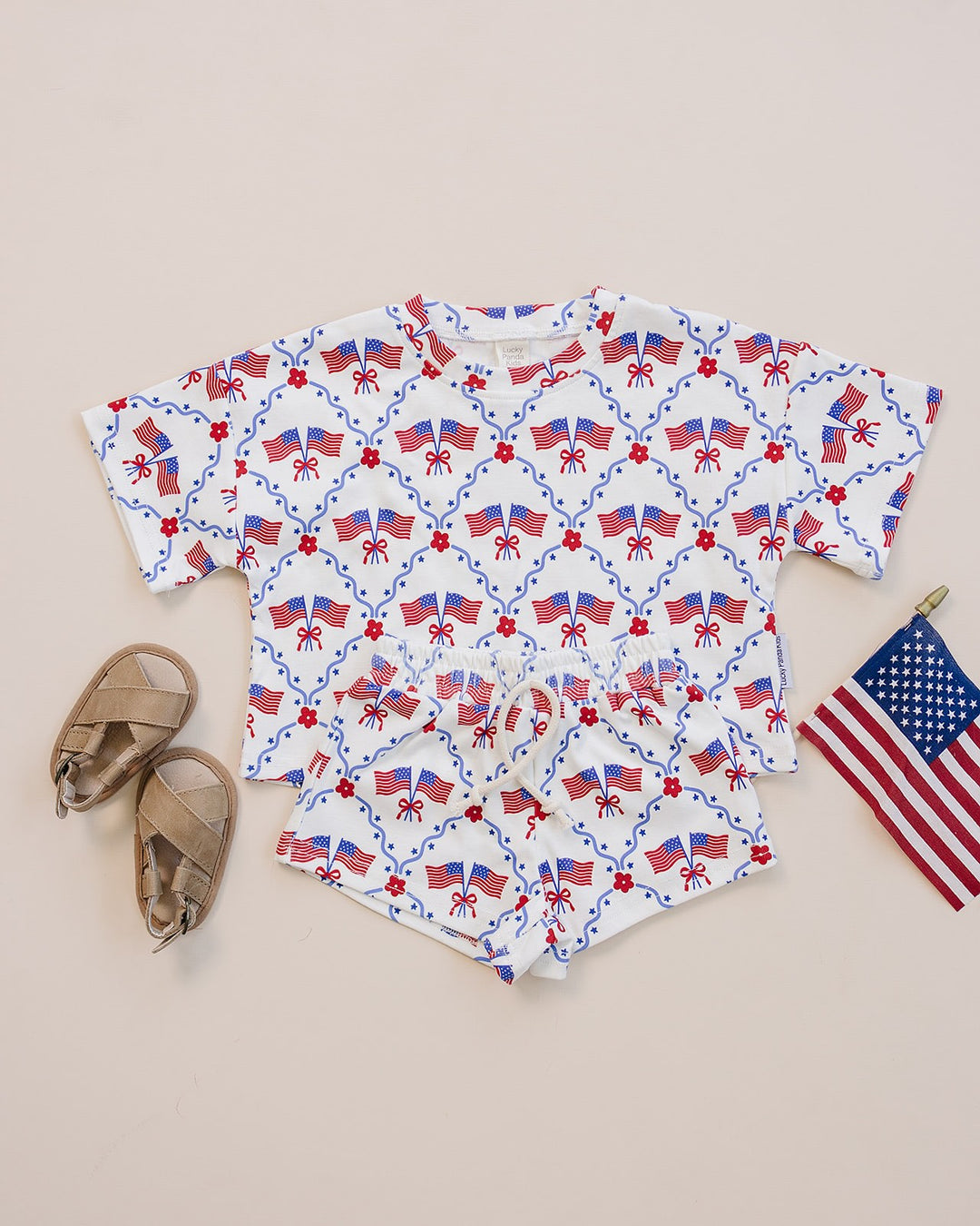 Lucky Panda Kids Cotton Shorts Set American Girl — front view, patriotic print, elastic waistband shorts