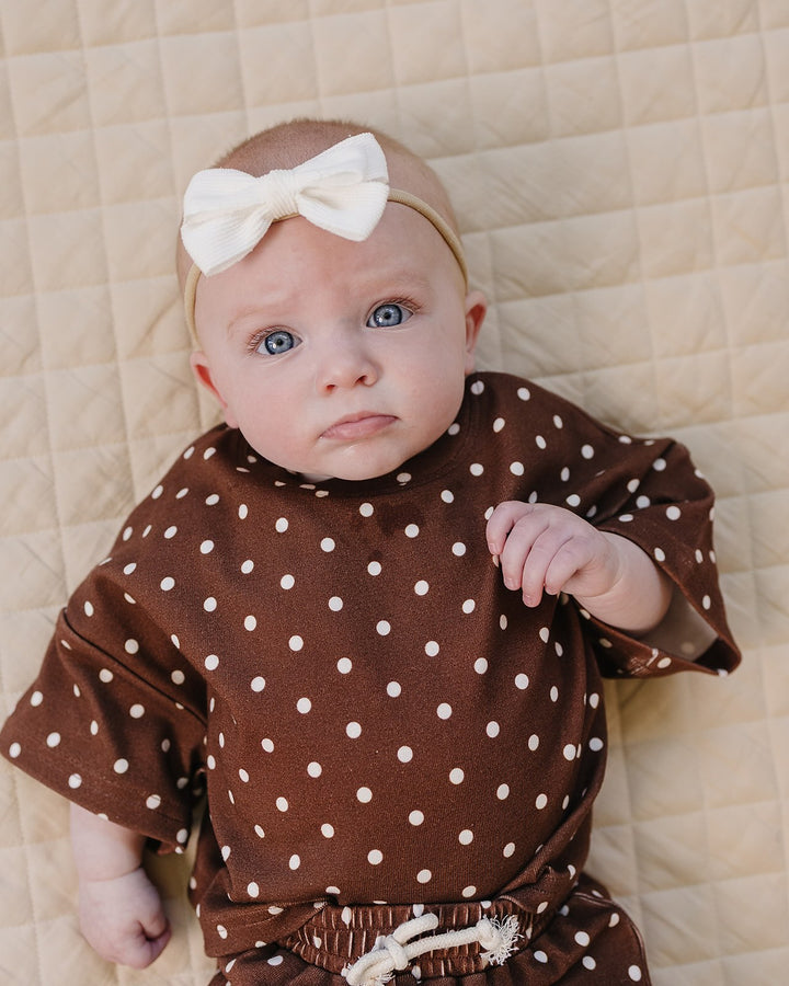 baby girl wearing Lucky Panda Kids Brown Polka Shorts Set — brown and white polka dot cotton two-piece outfit