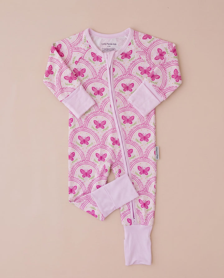 Bamboo Zip Romper | Pink Butterfly