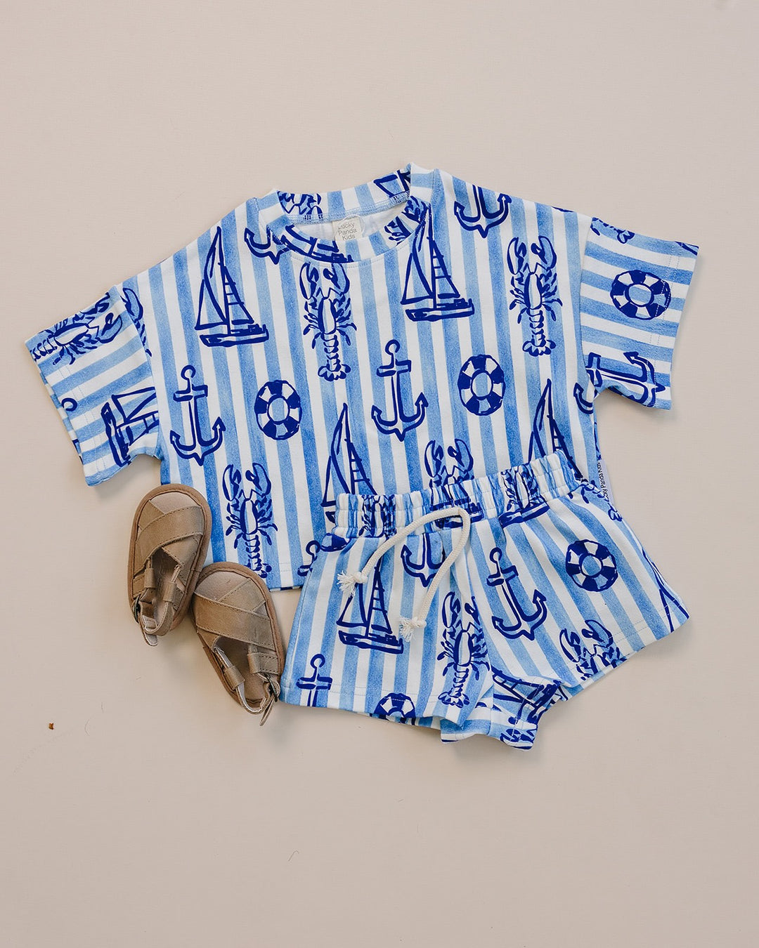 Nautical Cotton Shorts Set — toddler in blue nautical-print summer two-piece, Lucky Panda Kids
