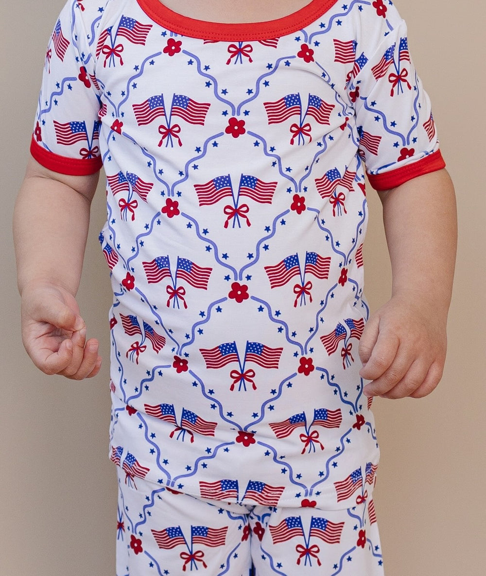 Close-up of Lucky Panda Kids American Girl bamboo shorts set fabric — buttery-soft 220 GSM, patriotic print