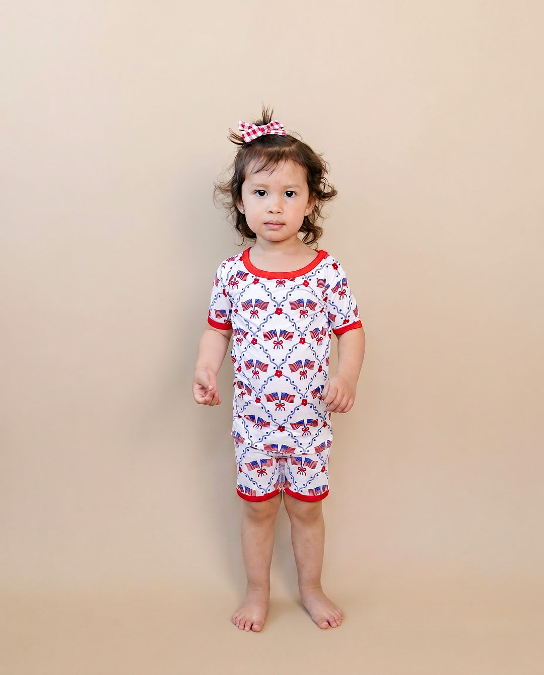 Girl in Lucky Panda Kids 4th of July bamboo shorts set, American Girl design — available 18-24M to 8-9Y