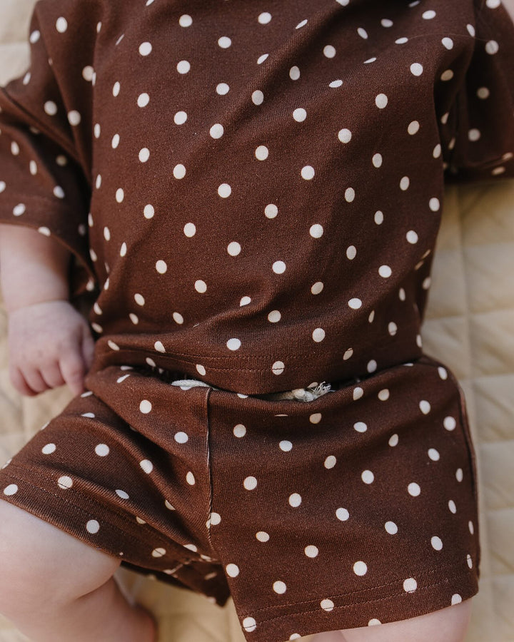  Lucky Panda Kids Brown Polka Shorts Set — brown and white polka dot cotton two-piece outfit