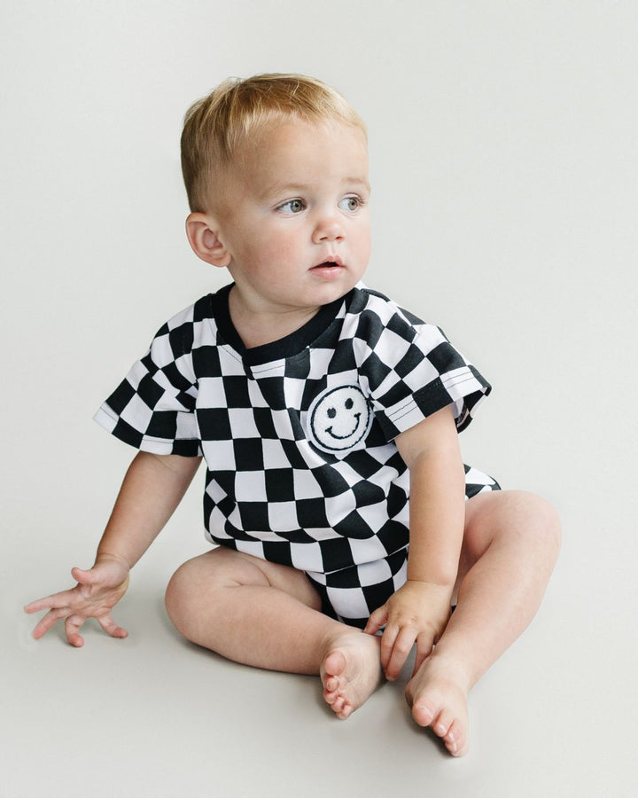 Short Sleeve Bubble Romper | Checkered Smiley Black - LUCKY PANDA KIDS