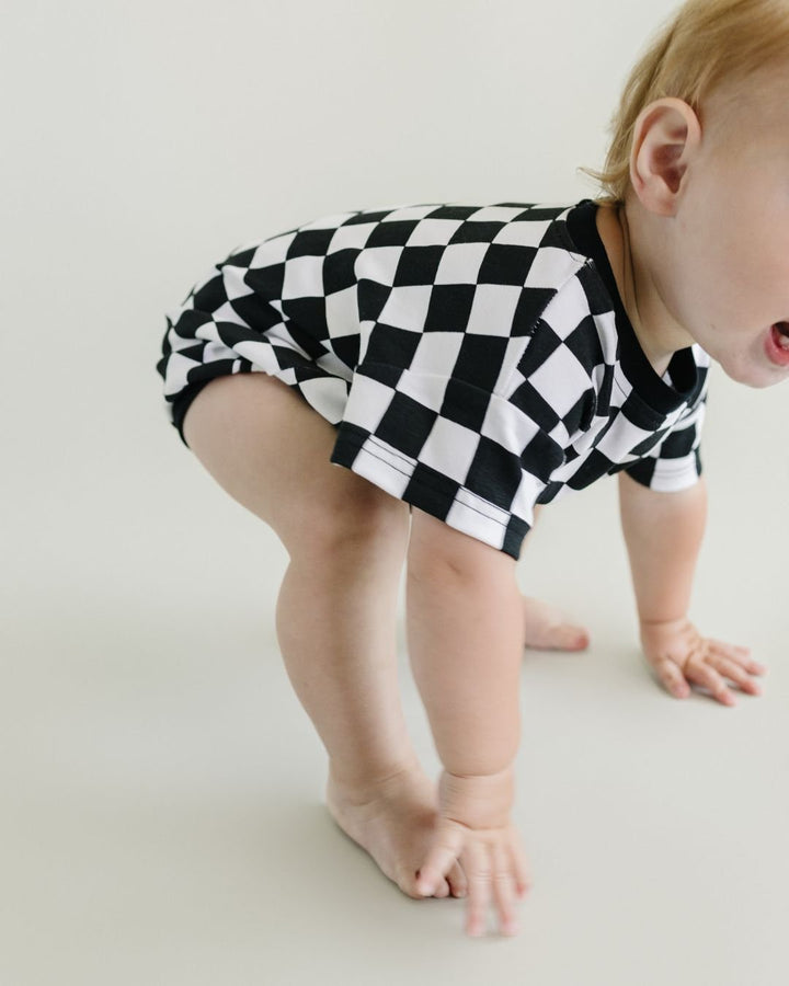 Short Sleeve Bubble Romper | Checkered Smiley Black - LUCKY PANDA KIDS