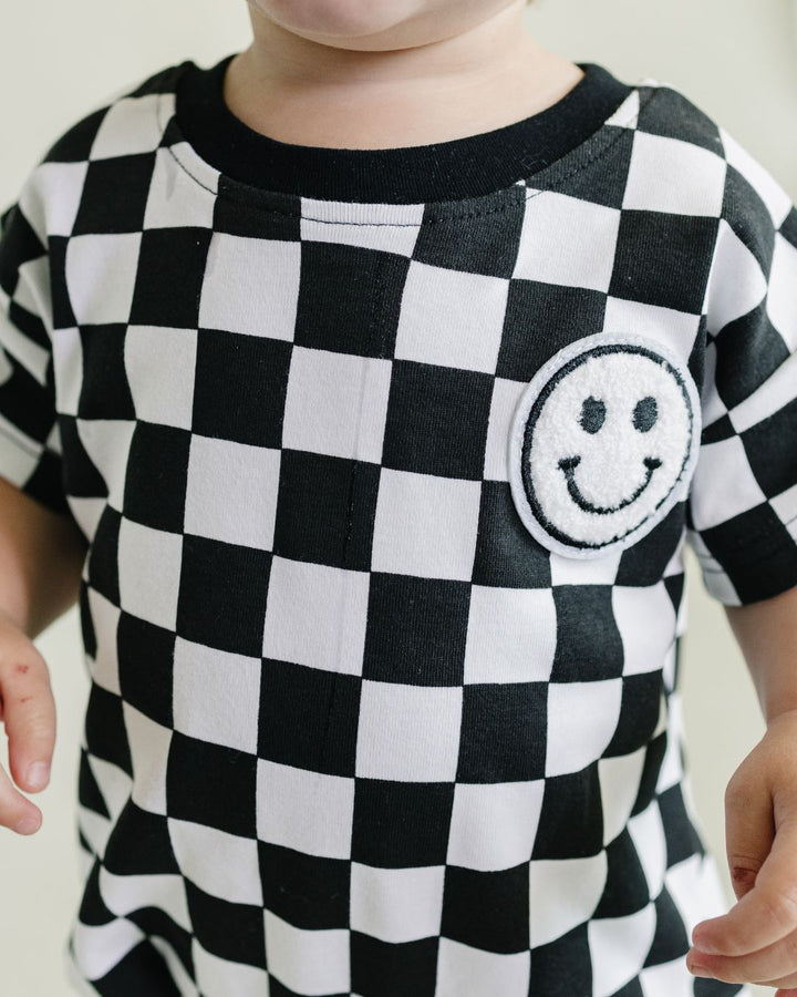 Short Sleeve Bubble Romper | Checkered Smiley Black - LUCKY PANDA KIDS