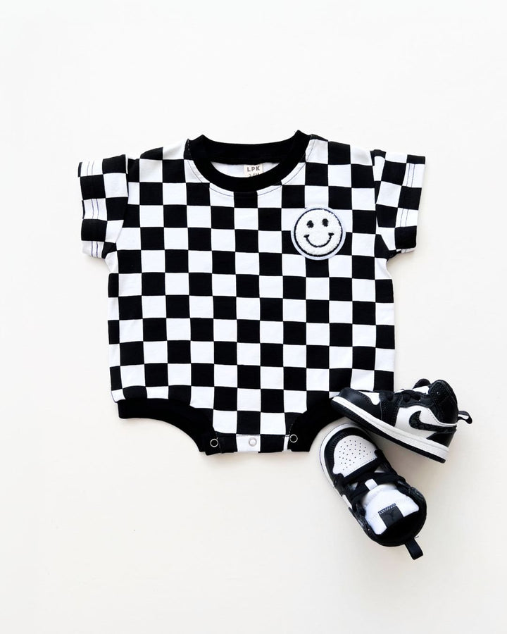 Short Sleeve Bubble Romper | Checkered Smiley Black - LUCKY PANDA KIDS