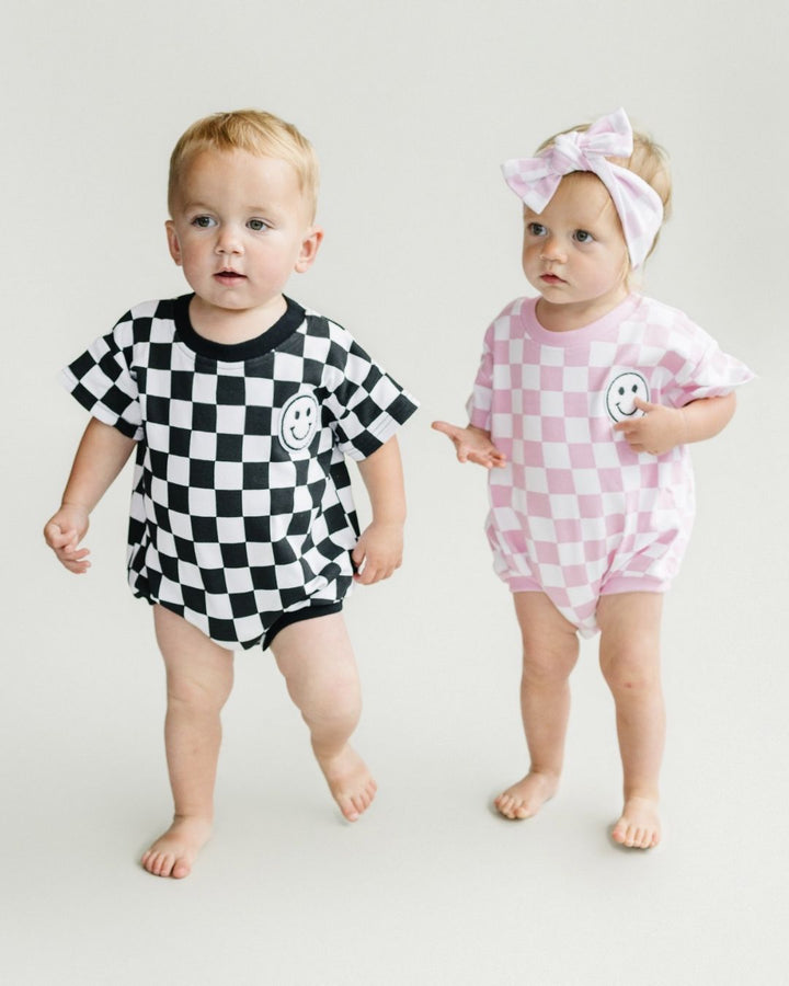 Short Sleeve Bubble Romper | Checkered Smiley Black - LUCKY PANDA KIDS