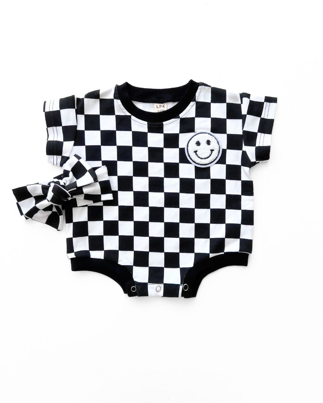 Short Sleeve Bubble Romper | Checkered Smiley Black - LUCKY PANDA KIDS