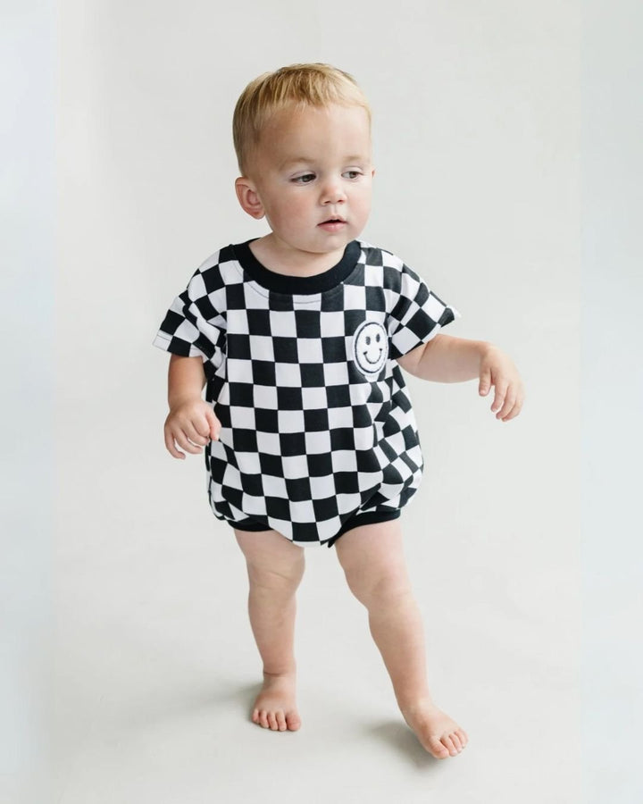 Short Sleeve Bubble Romper | Checkered Smiley Black - LUCKY PANDA KIDS