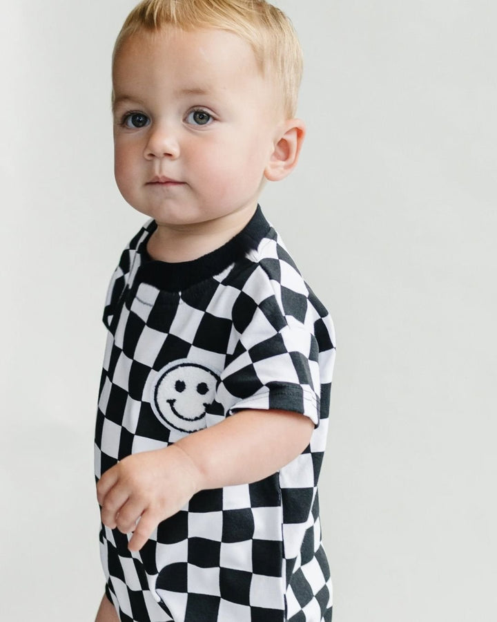 Short Sleeve Bubble Romper | Checkered Smiley Black - LUCKY PANDA KIDS