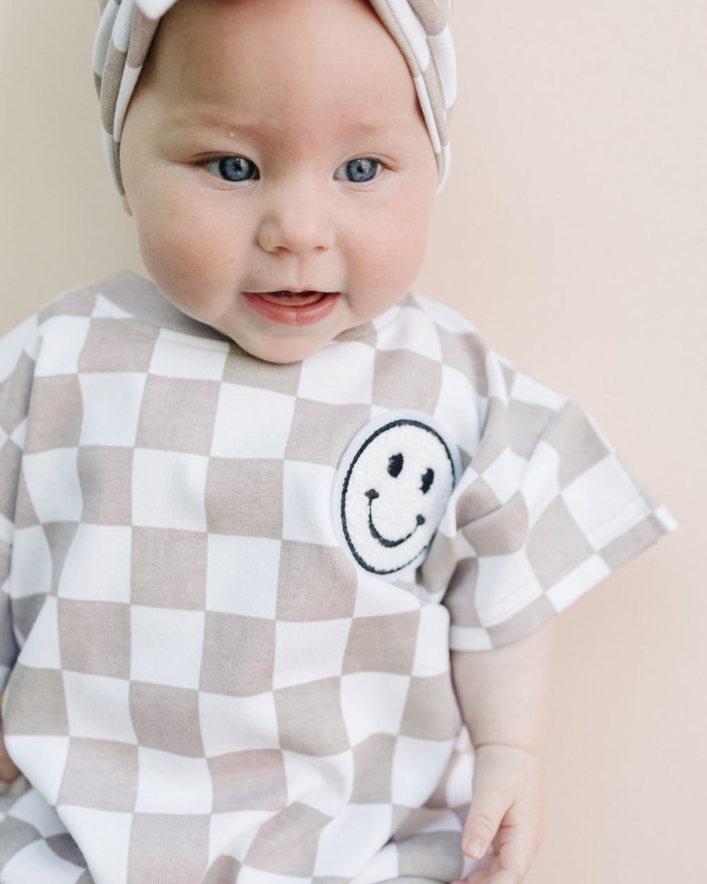 Short Sleeve Bubble Romper | Checkered Smiley Latte - LUCKY PANDA KIDS