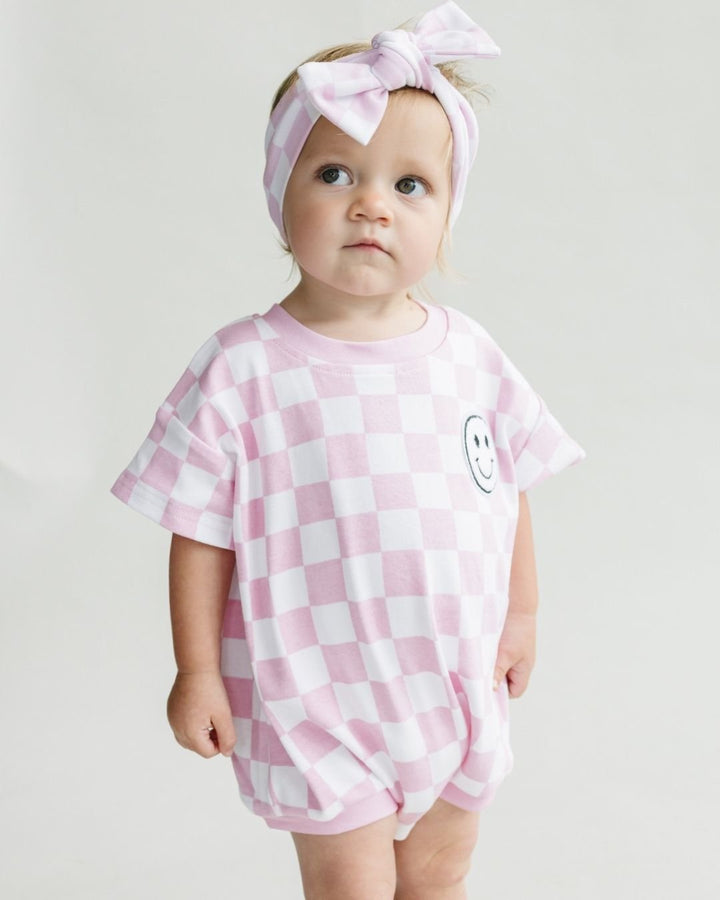 Short Sleeve Bubble Romper | Checkered Smiley Pink - LUCKY PANDA KIDS