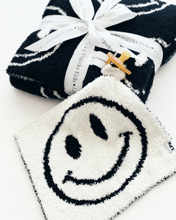 Smiley Plush Lovey | Black - Plush Blanket - LUCKY PANDA KIDS