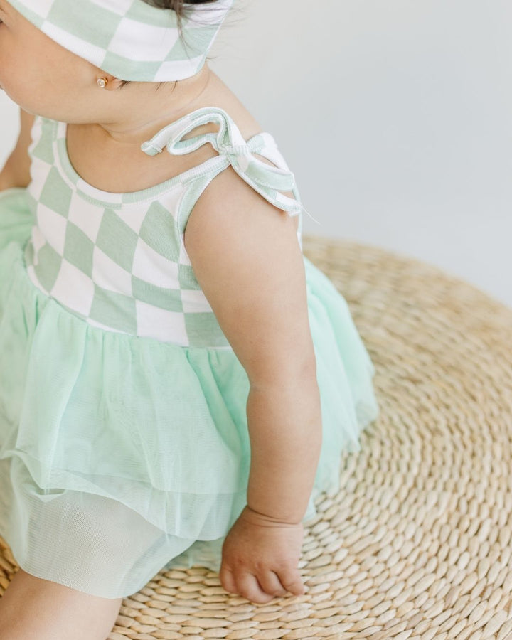 Tutu Romper | Checkered Mint - Romper - LUCKY PANDA KIDS