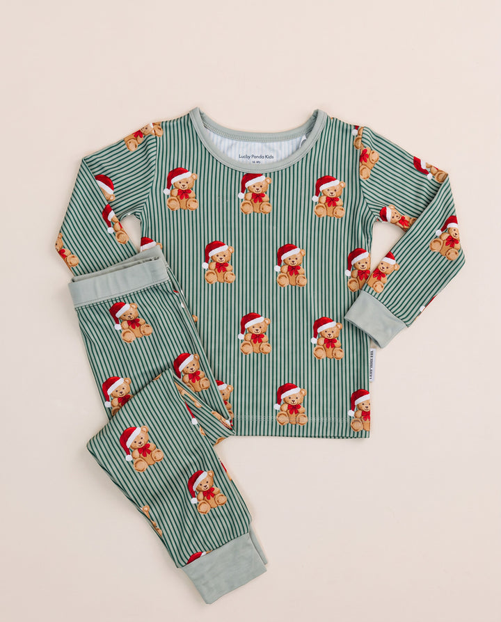 Merry Bear Bamboo Two Piece — toddler in Santa hat bear print Christmas pajama set, Lucky Panda Kids, Flat Lay