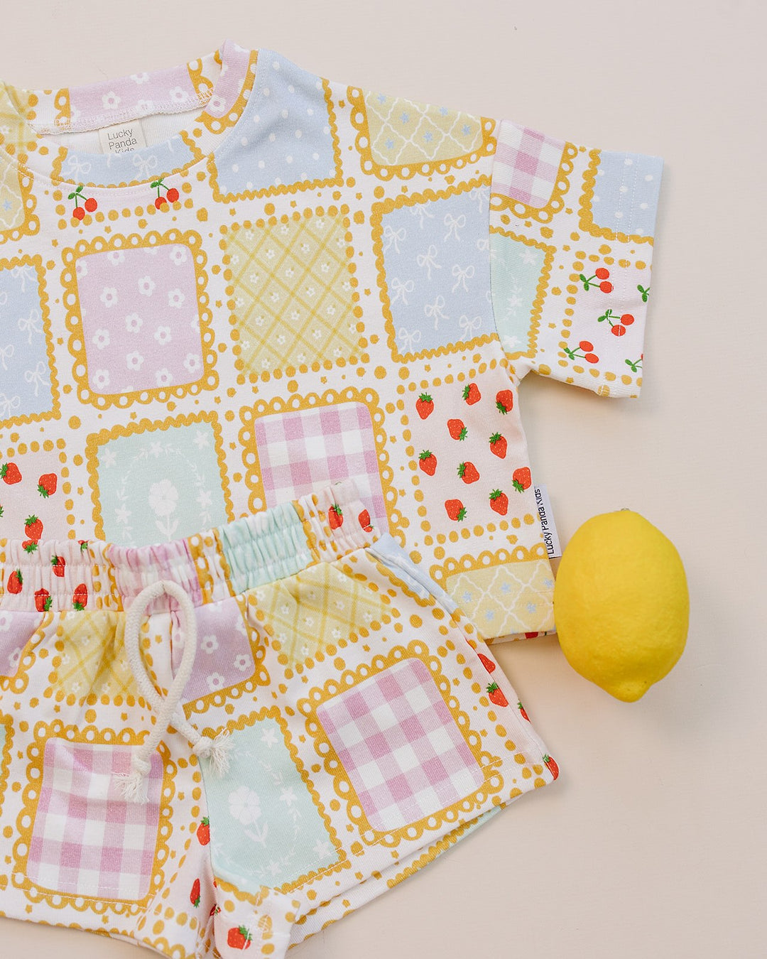 Sweet Patchwork Cotton Shorts Set — baby in patchwork-print summer two-piece, Lucky Panda Kids
