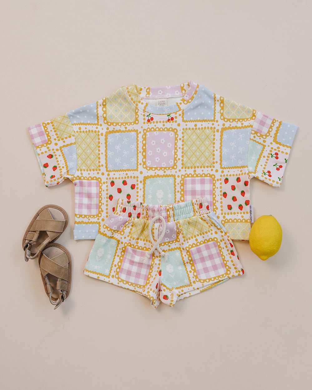 Sweet Patchwork Cotton Shorts Set — baby in patchwork-print summer two-piece, Lucky Panda Kids
