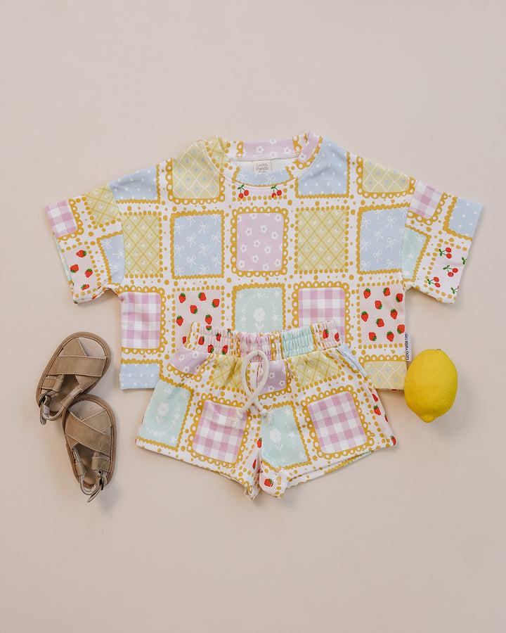 Sweet Patchwork Cotton Shorts Set — baby in patchwork-print summer two-piece, Lucky Panda Kids

