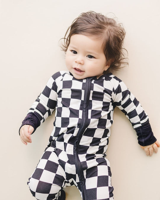 Ribbed Bamboo Zip Romper | Latte Checkered