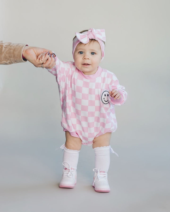 Bubble Romper | Checkered Smiley Pink - LUCKY PANDA KIDS