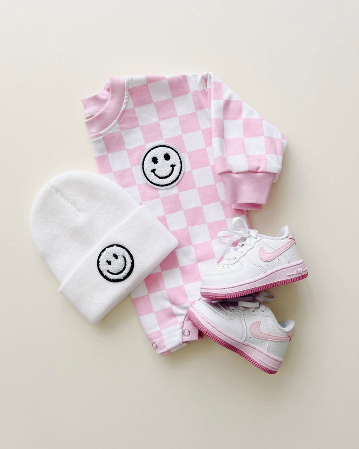 Bubble Romper | Checkered Smiley Pink - LUCKY PANDA KIDS