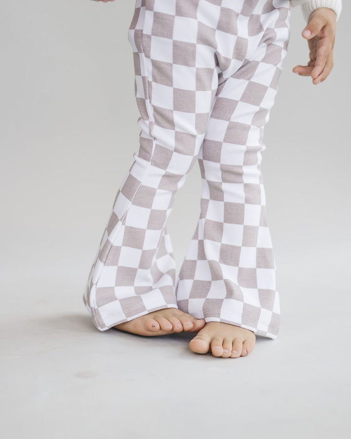 Checkered Flare Pants | Latte - Leggings - LUCKY PANDA KIDS