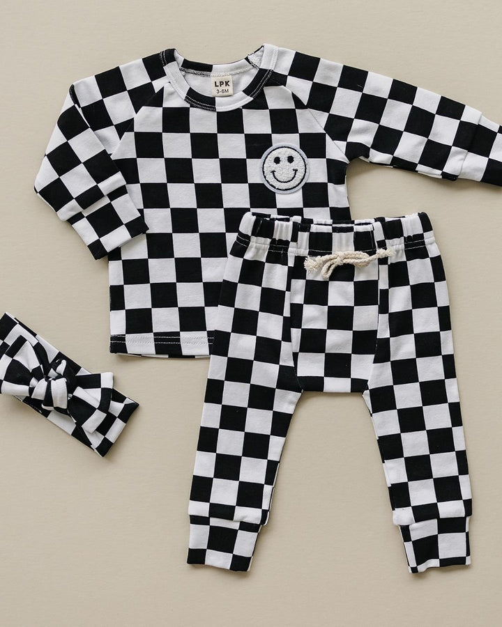 Checkered Smiley Lounge Set | Black - Lounge Set - LUCKY PANDA KIDS
