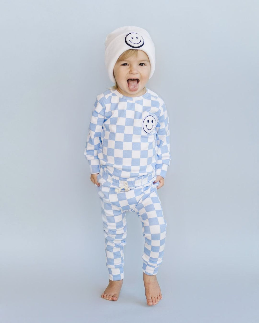 Checkered Smiley Lounge Set | Blue - Lounge Set - LUCKY PANDA KIDS