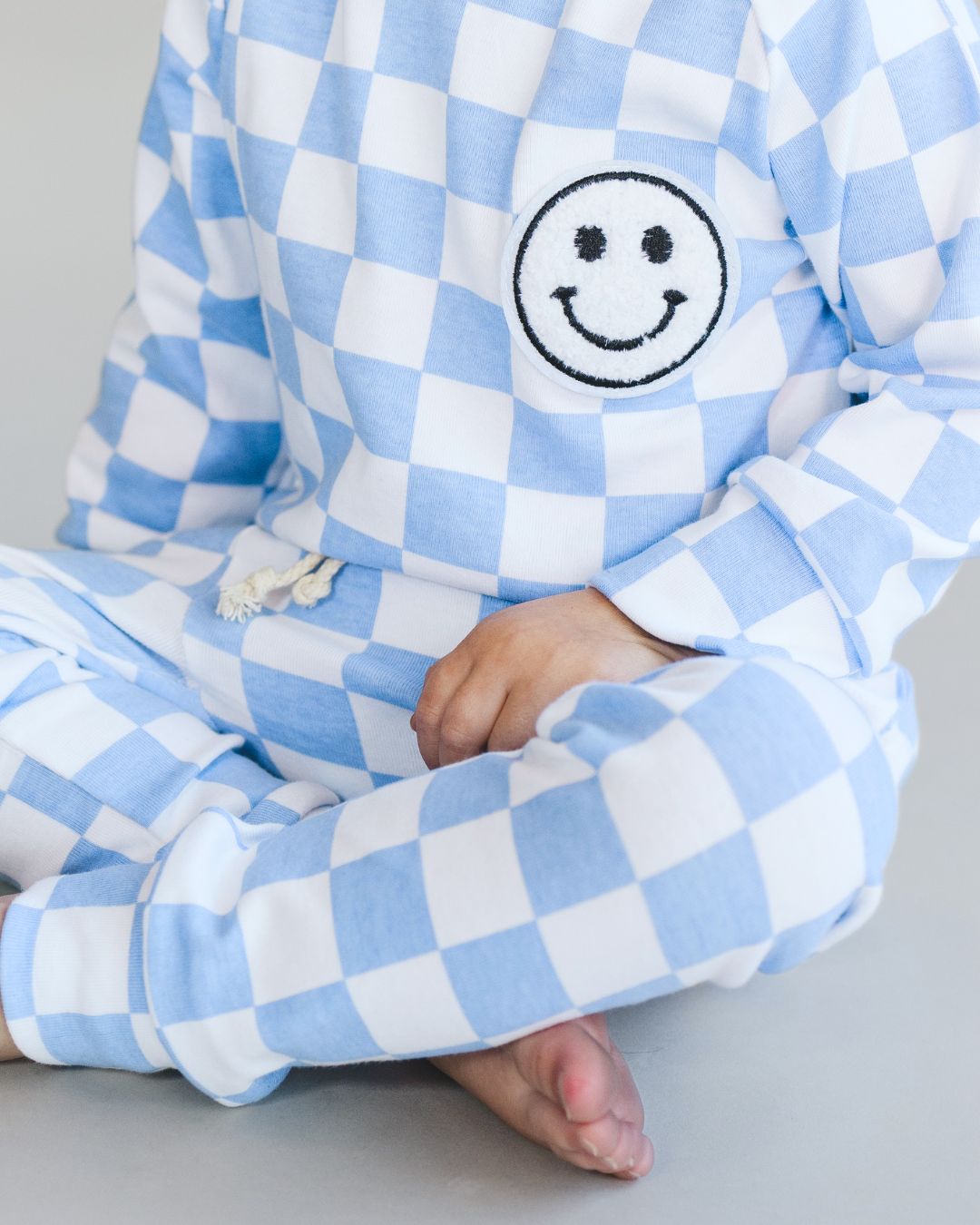 Checkered Smiley Lounge Set | Blue - Lounge Set - LUCKY PANDA KIDS