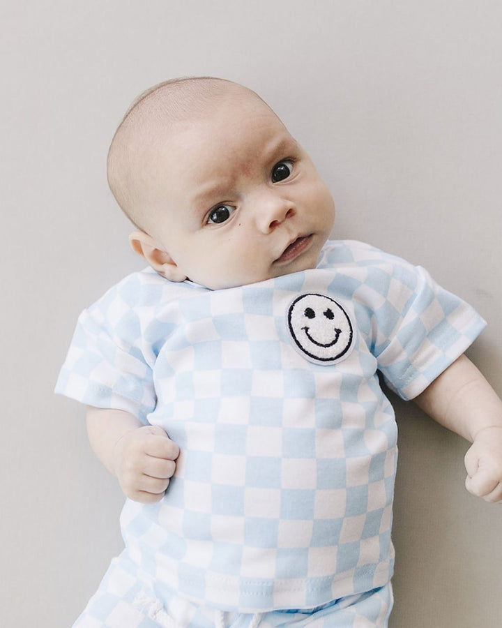 Checkered Smiley Set | Blue - Shorts Set - LUCKY PANDA KIDS