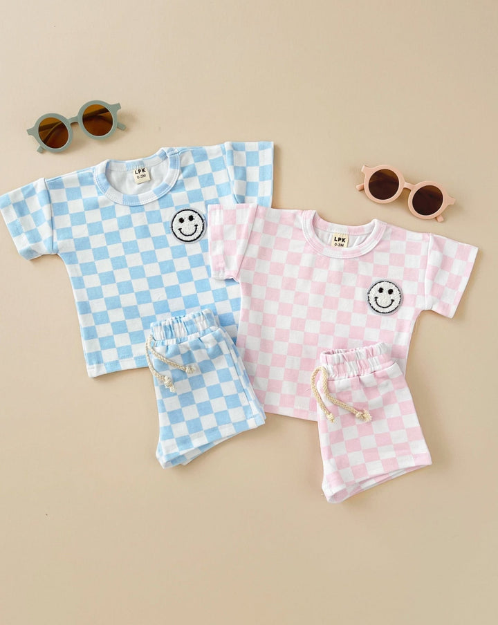 Checkered Smiley Set, Blue - Baby & Toddler Clothing - LUCKY PANDA KIDS