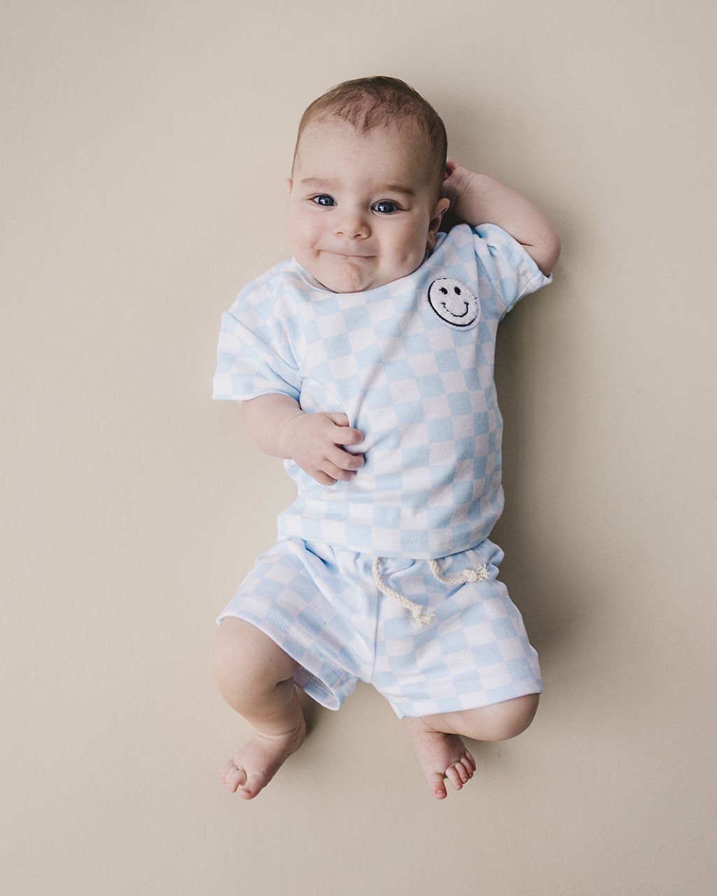 Checkered Smiley Set | Blue - Shorts Set - LUCKY PANDA KIDS