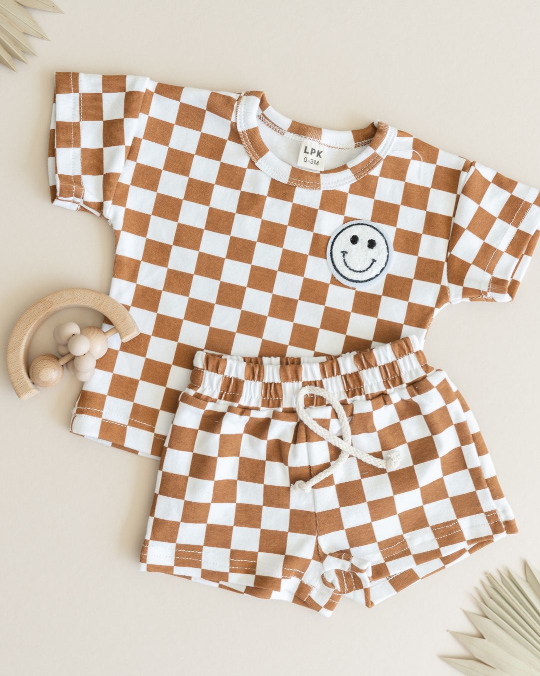 Checkered Smiley Set | Copper - Shorts Set - LUCKY PANDA KIDS