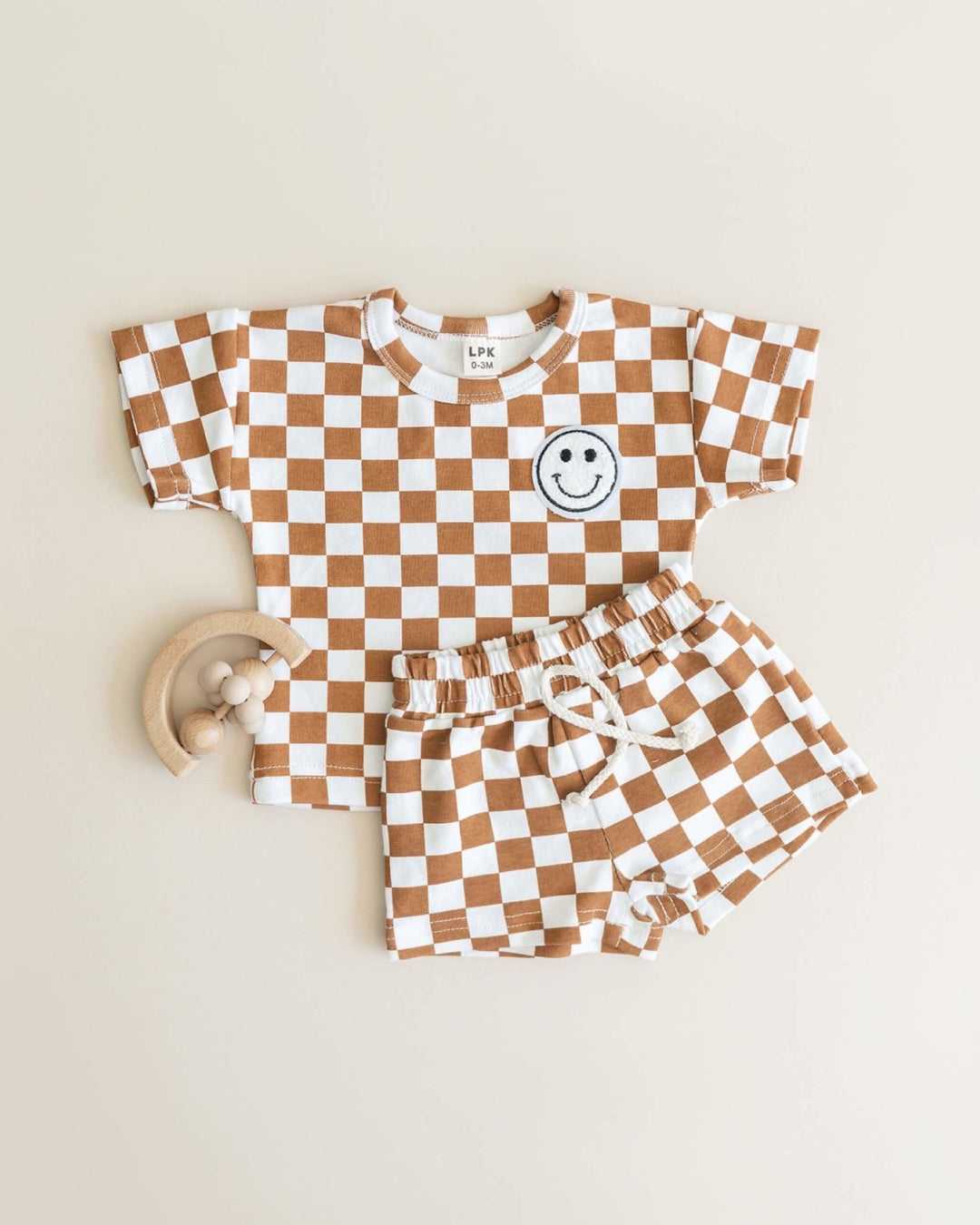 Checkered Smiley Set, Rust Brown - Baby & Toddler Clothing - LUCKY PANDA KIDS